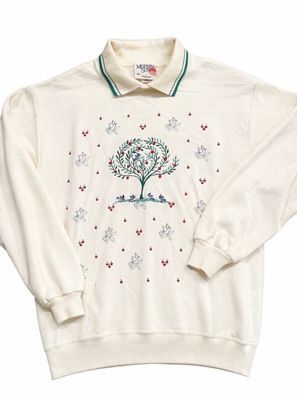 Morning Sun Cream Crewneck Sweater with Embroidered Tree